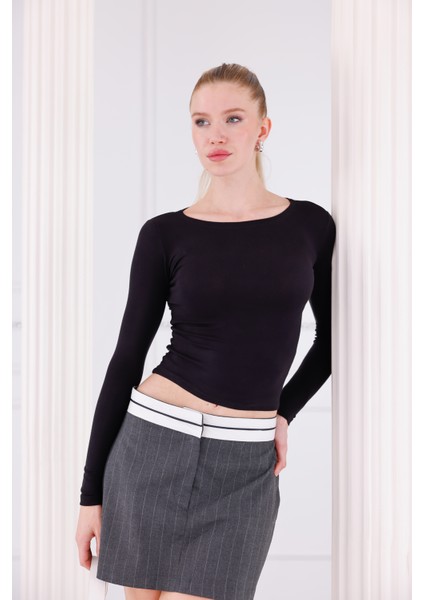 Buzzy Kumaş Uzun Kollu Kayık Yaka Bluz