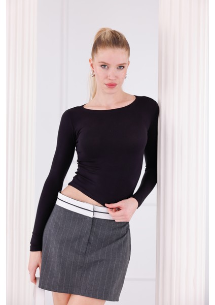 Buzzy Kumaş Uzun Kollu Kayık Yaka Bluz