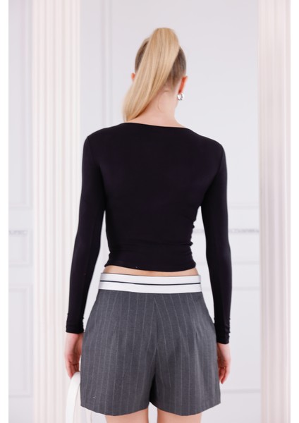 Buzzy Kumaş Uzun Kollu Kayık Yaka Bluz