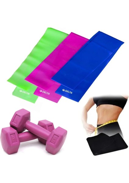 3'lü Pilates Direnç Bandı 120X7.5 cm Hafif Orta Sert + 1kg Dambıl+ Termal Zayıflama Bel Kemeri