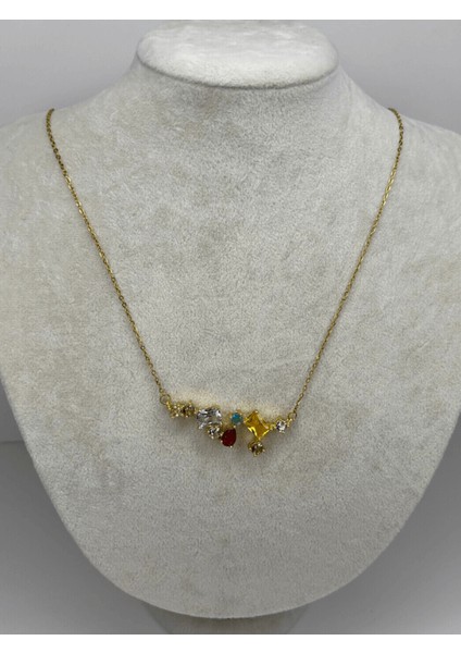 Sıralı Rengarenk Taşlı Gold Kolye