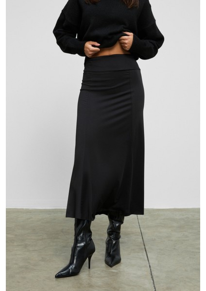 Jeveux Kadın Esnek Kumaşlı Dikiş Detaylı Uzun Siyah Etek modelleri