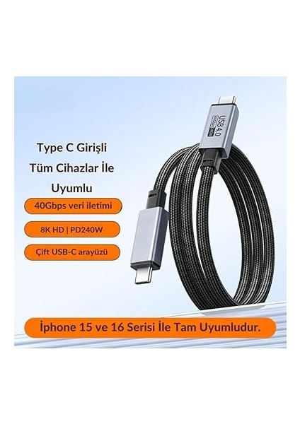 Jasoz 2 Metre 240W 4.0 Thunderbolt Type-C To Type-C Şarj, Data ve 8k 60Hz Görüntü Aktarım Kablosu fiyatları