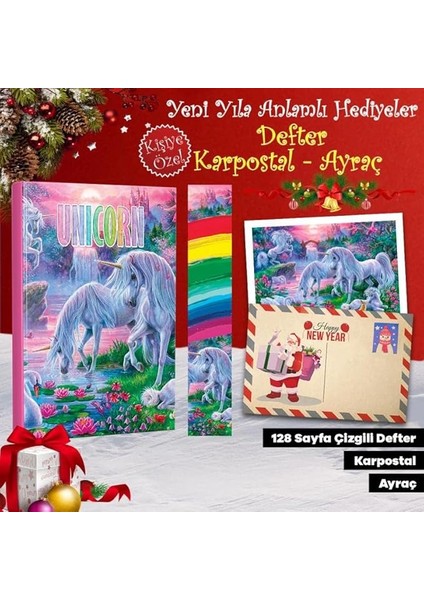 Özel Kartpostallı Hediye Seti - 1 Unicorn 128 Sayfa Defter 1 Kartpostal 1 Ayraç