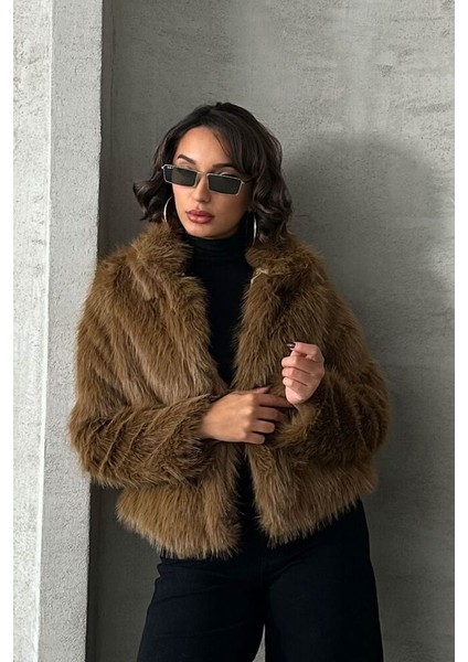 Kahve Kadın Suni Kürk Mont Modern Premium Luxury Trend Tasarım Ceket