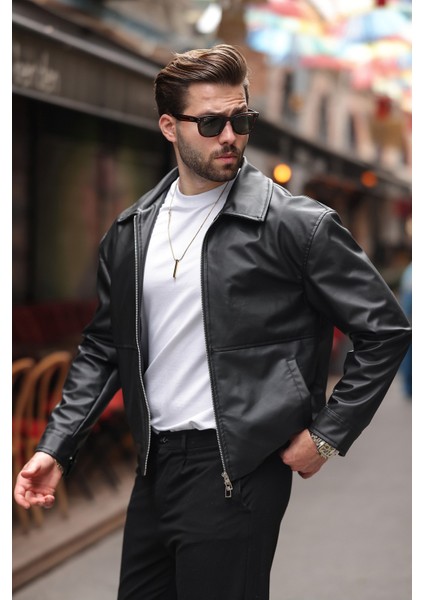 Erkek Yeni Sezon Premium Çift Fermuarlı Oversize Deri Ceket