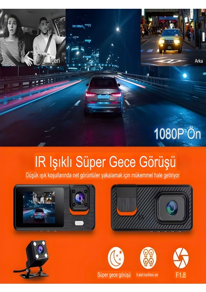 Wi-Fi App Destekli 1080P 3 Kameralı Araç Içi Araba Kamerası | Gece Görüşü & 140° Geniş Açı Dvr modelleri