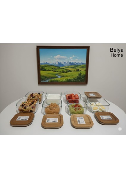Vakumlu Cam Saklama Kabı 8'li Set - Akasya Kapaklı Kahvaltılık (4 Adet Kare 4 Adet Dikdörtgen) modelleri