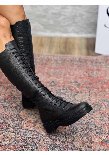 Varn Bağcıklı ve Fermuarlı Hakiki Deri Siyah Kadın Çizme