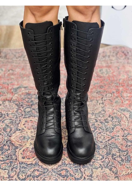 Varn Bağcıklı ve Fermuarlı Hakiki Deri Siyah Kadın Çizme indirimleri