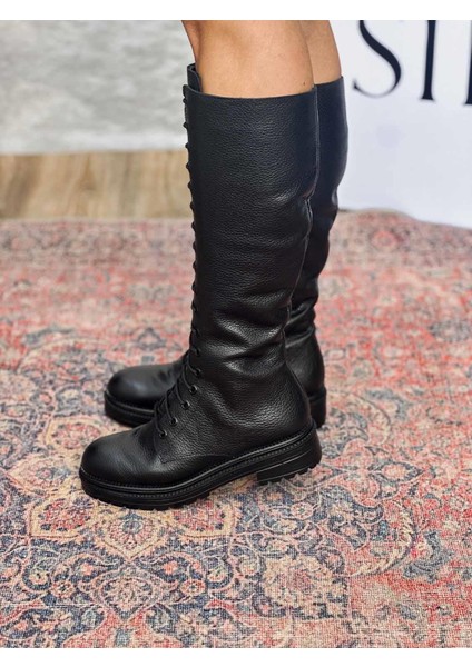 Varn Bağcıklı ve Fermuarlı Hakiki Deri Siyah Kadın Çizme