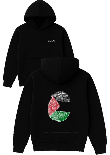 Palestine Parmak Izi Tasarım Baskılı Oversize Siyah Kapüşonlu Sweatshirt