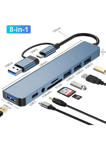 Çoklayıcı Adaptör 8 In 1 Usb/type-C To USB A, USB C Macbook Uyumlu Çevirici Adaptör Çok Portlu Çoklayıcı 8in1 USB Hub Titanyum Renk BYL2218TU fiyatları