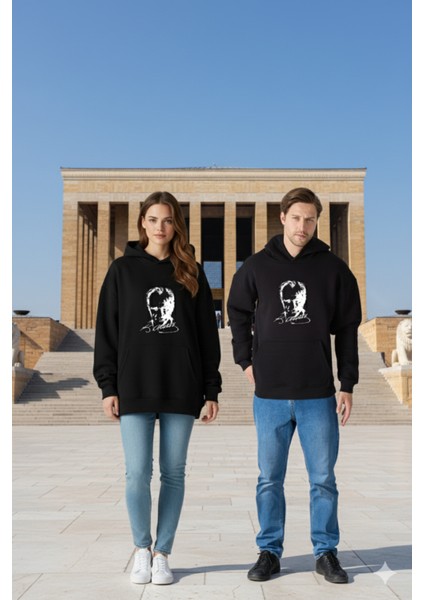 Unisex Oversize % 100 Pamuk Içi Polarlı Yumuşak Dokulu " Atatürk "baskılı Kapüşonlu Sweatshirt