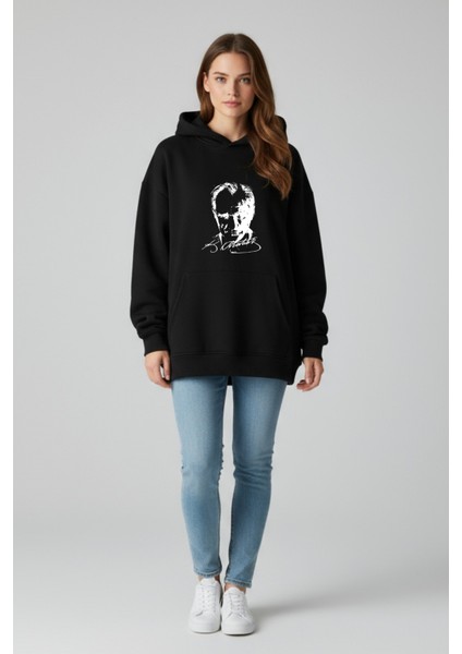 Unisex Oversize % 100 Pamuk Içi Polarlı Yumuşak Dokulu " Atatürk "baskılı Kapüşonlu Sweatshirt fiyatları
