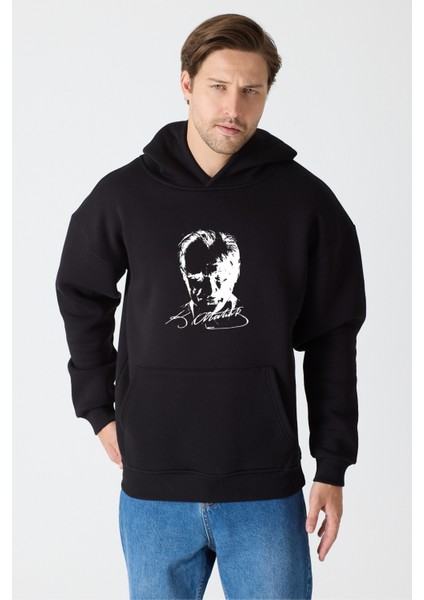 Unisex Oversize % 100 Pamuk Içi Polarlı Yumuşak Dokulu " Atatürk "baskılı Kapüşonlu Sweatshirt modelleri