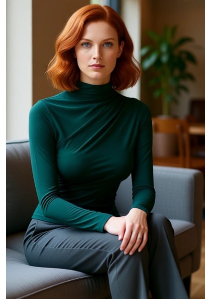 Kadın Moda Şık Üst Giyim Crop Dik Yaka Slim Kalıp Örme Büzgülü Kare Yaka Vücuda Oturan Esnek Bluz