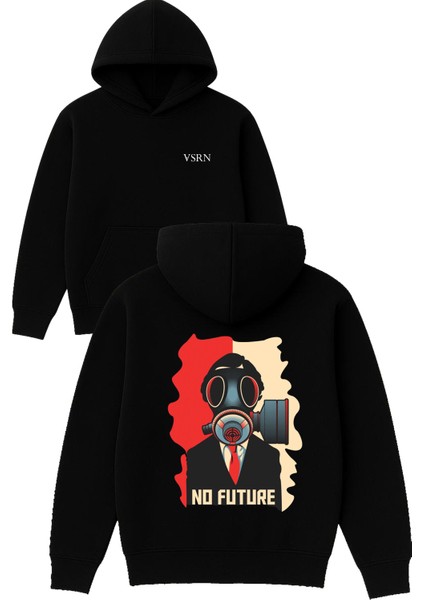 No Future Tasarım Baskılı Oversize Siyah Kapüşonlu Sweatshirt