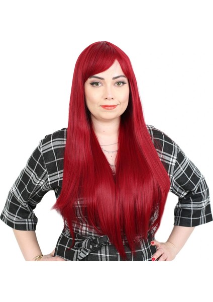 Fiber Sentetik Uzun Düz Kahküllü Peruk - Kızıl fiyatları