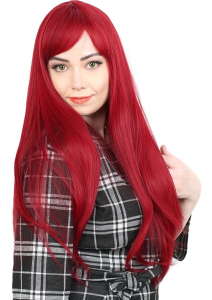 Fiber Sentetik Uzun Düz Kahküllü Peruk - Kızıl modelleri