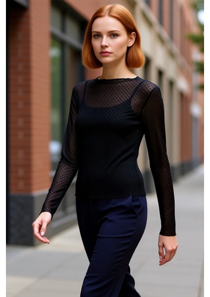 Kadın Puantiyeli Bisiklet Yaka Uzun Kollu Esnek Örme Tül Kaliteli Şık Rahat Modern Zarif