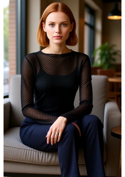 Kadın Puantiyeli Bisiklet Yaka Uzun Kollu Esnek Örme Tül Kaliteli Şık Rahat Modern Zarif fiyatları