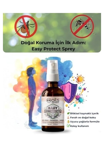 Kaoils Easy Protect Doğal Ortam Spreyi – Akar, Mikrop ve Bakterilere KARŞI%100 Doğal Koruma | Tarçın, Palmarosa, Çay Ağacı | 50 ml