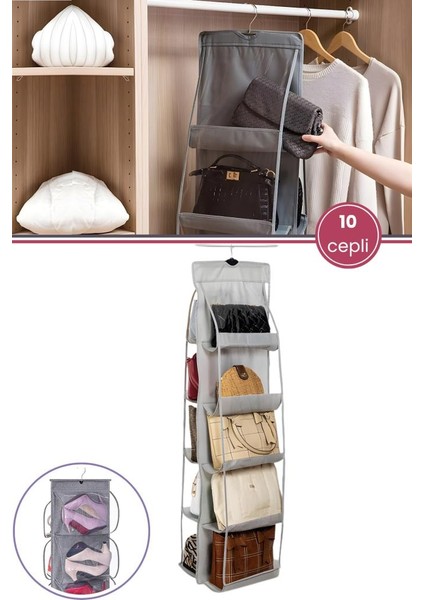 Çanta ve Ayakkabı Düzenleyici 10 Cepli, Dolap Içi Askılı Pencereli Çanta Cüzdan Ayakkabı Organizer