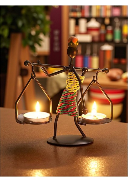 Retro Afrika Temalı Denge Mumluk / Çift Şamdan Tutucu - Masa Dekoru (Yükseklik 14.5 Cm)