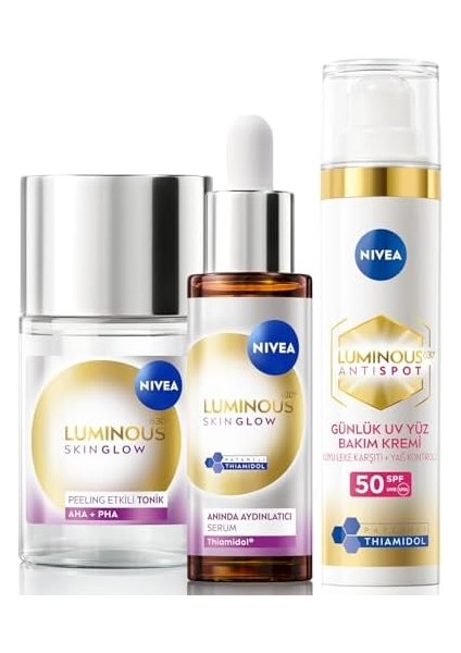 Nivea SPF50 LUMINOUS630 Leke Karşıtı Gündüz Yüz Kremi 40ML,SKIN Glow Aydınlatıcı Serum 30ML ve Tonik 100ML modelleri