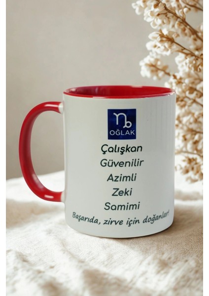 Oğlak Burcu Porselen Kupa – Çalışkan, Güvenilir, Azimli, Zeki ve Samimi – Kırmızı Kulplu Hediye Kupa fiyatları