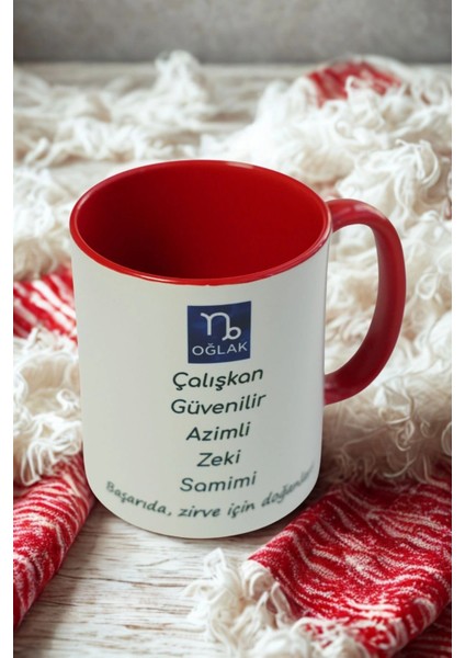 Oğlak Burcu Porselen Kupa – Çalışkan, Güvenilir, Azimli, Zeki ve Samimi – Kırmızı Kulplu Hediye Kupa modelleri
