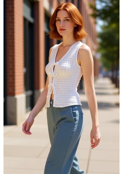 Gofre Örme Bluz V Yaka Bağcıklı Yazlık Günlük Kullanım Için Yüksek Kalite Mükemmel Uyum