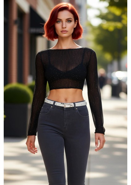 Kadın Parıltılı Dokuma Şifon Bluz Bisiklet Yaka Fitted Kalıp Şık Gece Kombinleri Için Ideal