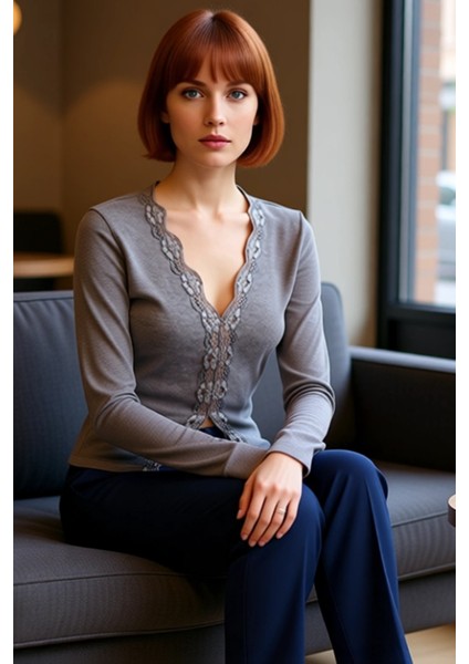 Kadın V Yaka Fırçalı Fitilli Esnek Örme Kaliteli Şık Rahat Modern Zarif Günlük fiyatları