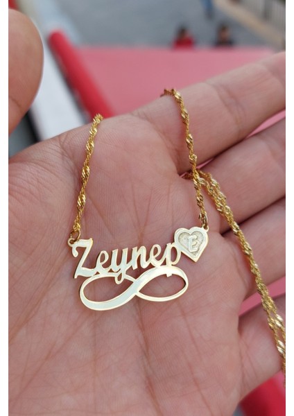 925 Ayar Gümüş 24 Ayar Altın Kaplama Isimli Kalp ve Sonsuzluk Figürlü Kolye