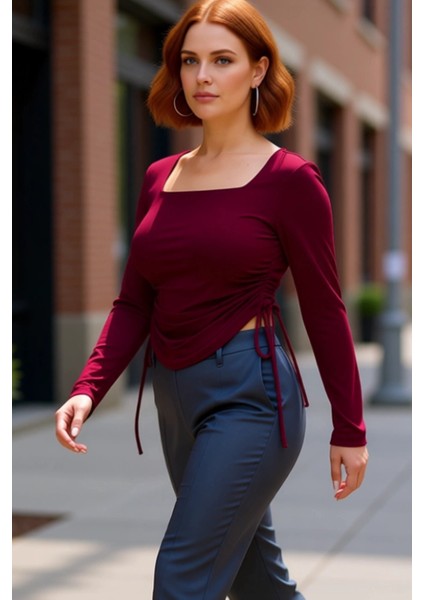 Kadınlar Için Kare Yaka Detaylı Yanları Büzgülü Uzun Kollu Örme Bluz Kaliteli Şık Rahat Modern fırsatları