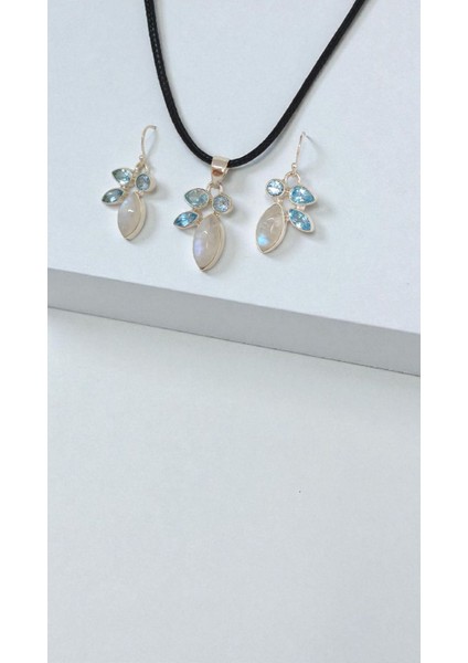 Doğal Ay Taşı El Işçiliği 925 Ayar Gümüş Kolye Ucu ve Küpe Seti