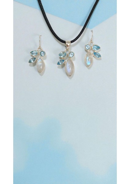 Doğal Ay Taşı El Işçiliği 925 Ayar Gümüş Kolye Ucu ve Küpe Seti modelleri