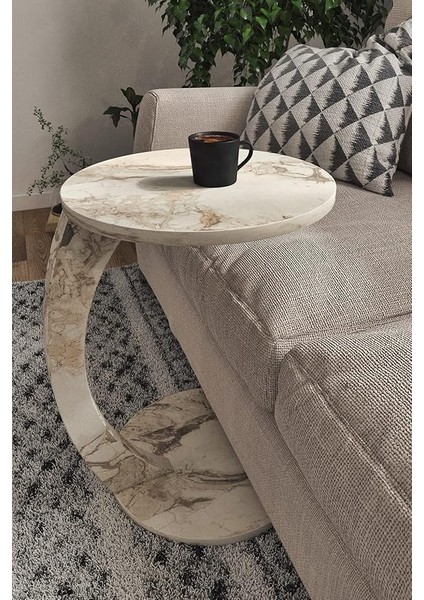 Tekerlekli C Sehpa Koltuk Sehpası Yan Sehpa Zigon Sehpa Servis Sehpası - Beyaz Mermer Desen fiyatları