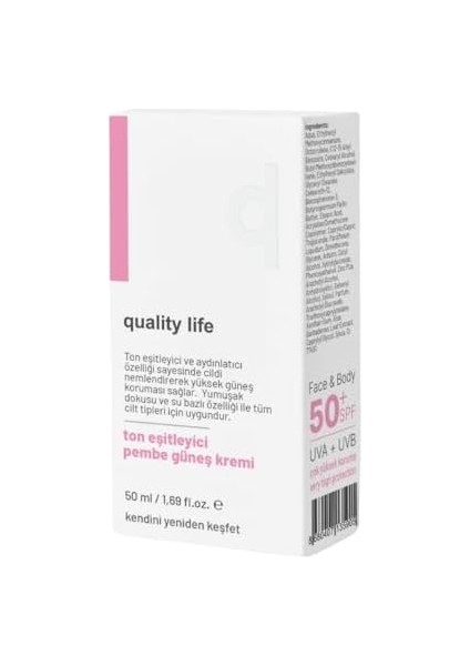 Quality Life Renkli Güneş Kremi - Pink - Tone Up - Ton Eşitleyici Pembe Yüz Güneş Kremi