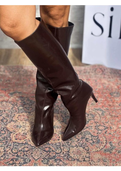 Neva Ince Topuklu Sivri Burun Acı Kahve Kadın Çizme