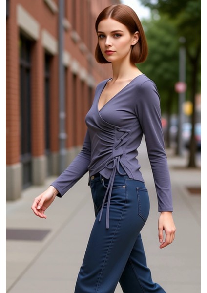 Kadın V Yaka Bağlama Detaylı Fitted Uzun Kollu Örme Bluz Kaliteli Şık Rahat Modern Zarif Günlük