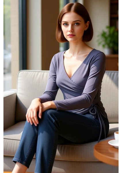 Kadın V Yaka Bağlama Detaylı Fitted Uzun Kollu Örme Bluz Kaliteli Şık Rahat Modern Zarif Günlük fiyatları