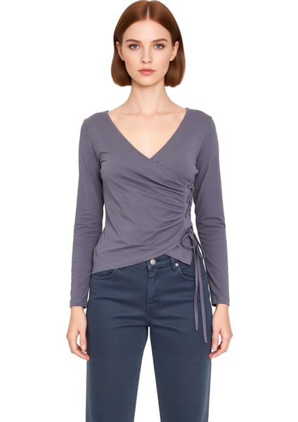 Kadın V Yaka Bağlama Detaylı Fitted Uzun Kollu Örme Bluz Kaliteli Şık Rahat Modern Zarif Günlük modelleri