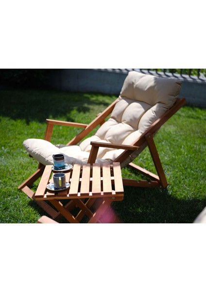 Rivoli Ahşap Kollu Minderli Kademeli Şezlong ve Sehpa Takımı