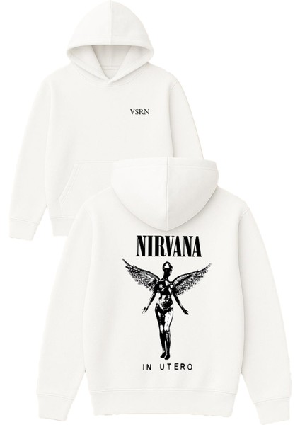Nırvana In Utero Tasarım Baskılı Oversize Beyaz Kapüşonlu Sweatshirt
