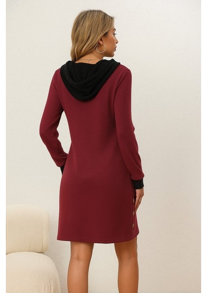 Kadın Uzun Kollu Kapşonlu Önden Fermuarlı Düğmeli Mini Iki Iplik Elbise modelleri