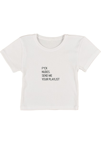 Fxck Baskılı Beyaz Crop Top