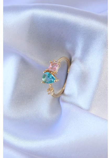 Gold Renk Renkli Zirkon Taşlı Pirinç Kadın Yüzük - Lisinya